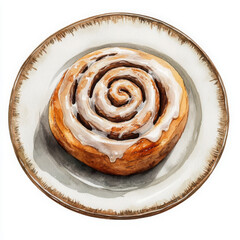 Fototapeta premium Watercolor cinnamon roll with white icing looks so delicious
