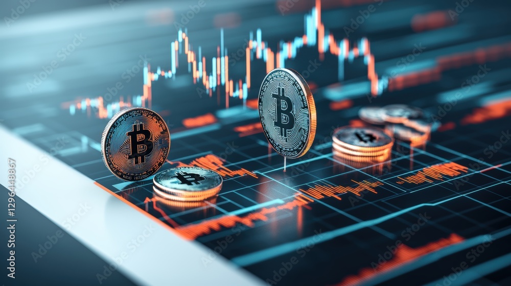 Poster Bitcoin symbol displayed on a digital screen with cryptocurrency graphics and charts in the background