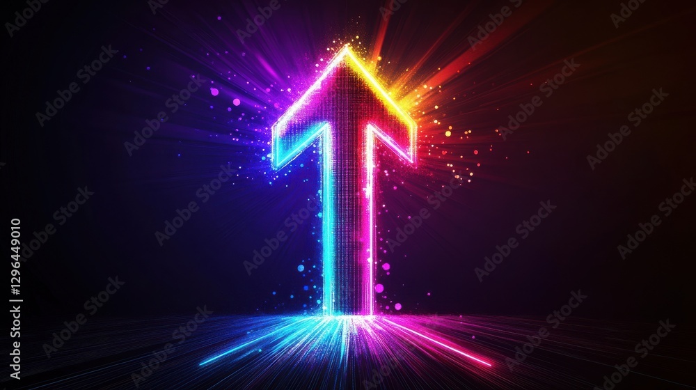 Poster a sleek arrow pointing up created by glowing beams in multiple vibrant colors giving a fast and ener