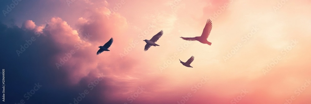 Poster birds flying across a vibrant sky during sunset with colorful clouds in the background. generative a