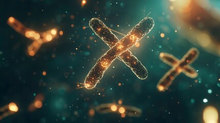 A 3D rendered image of a human chromosome with distinct genes and base pairs, overlaid on a laboratory background
