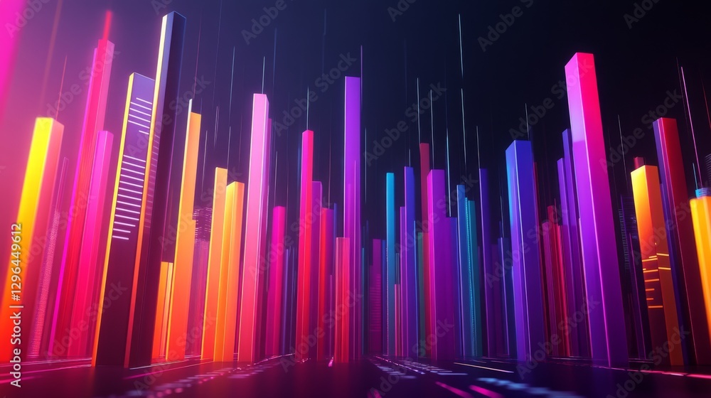 Aufkleber a colorful d bar chart with tall, gradient-colored bars rising from a digital financial dashboard, w