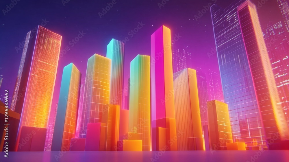 Aufkleber a colorful d bar chart with tall, gradient-colored bars rising from a digital financial dashboard, w