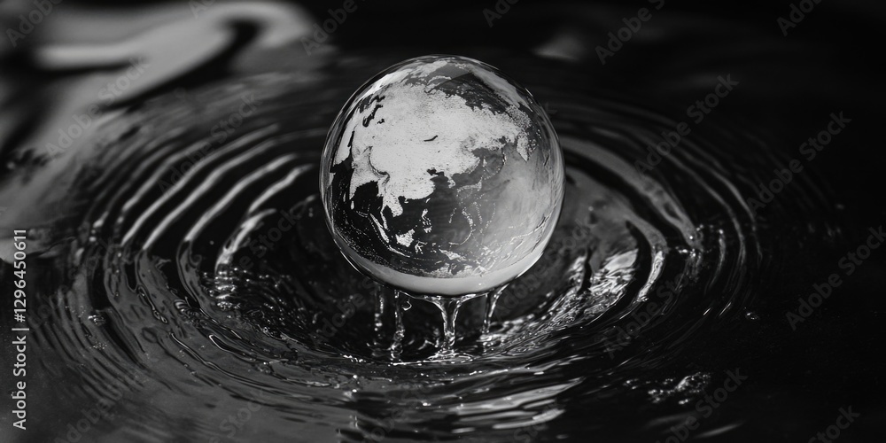 Poster a small globe is floating on top of a wave of water. concept of calmness and serenity, as the small 