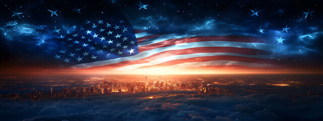 A large American flag is waving in the sky
