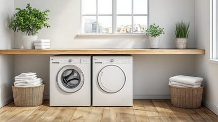 Obraz premium Modern laundry room with washing machine and dryer, sunlight streaming through window, city view in background. Possible use Home decor, interior design