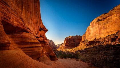 A canyon illuminated by the golden hour, with warm, soft light casting long shadows and highlighting the rugged textures of the landscape.