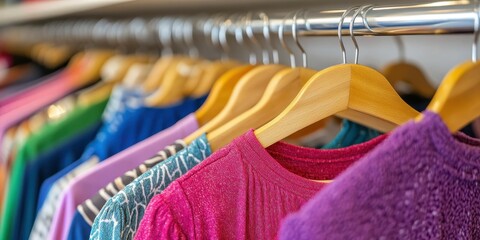 Brightly colored garments are neatly arranged on wooden hangers in a retail shop. The vibrant apparel showcases various styles, attracting shoppers' attention