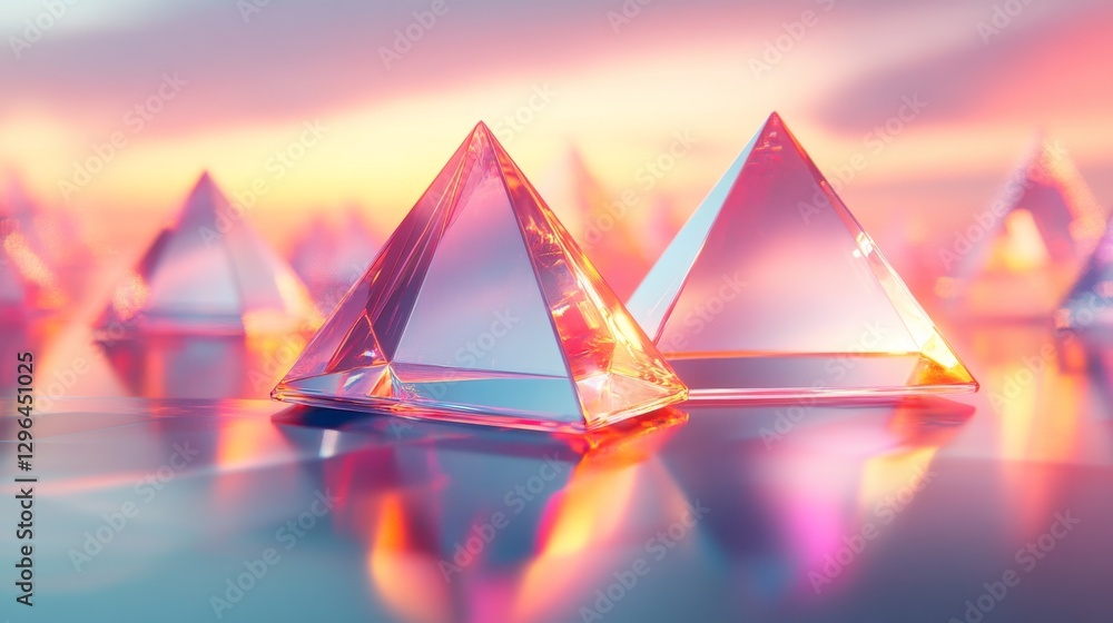 Poster several translucent crystal pyramids reflected on a shiny surface in soft light