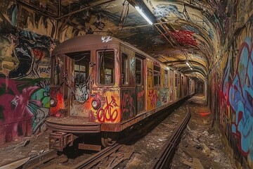 Fototapeta premium Abandoned Subway Tunnel with Graffiti Murals A long-forgotten subway station