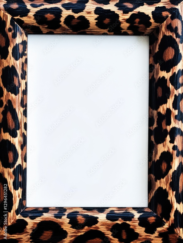 Poster a frame with a leopard print border and a white background. the frame is made of wood and has a leop
