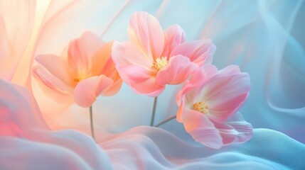 Fototapeta premium Delicate pink tulips gracefully arranged with soft flowing fabrics around