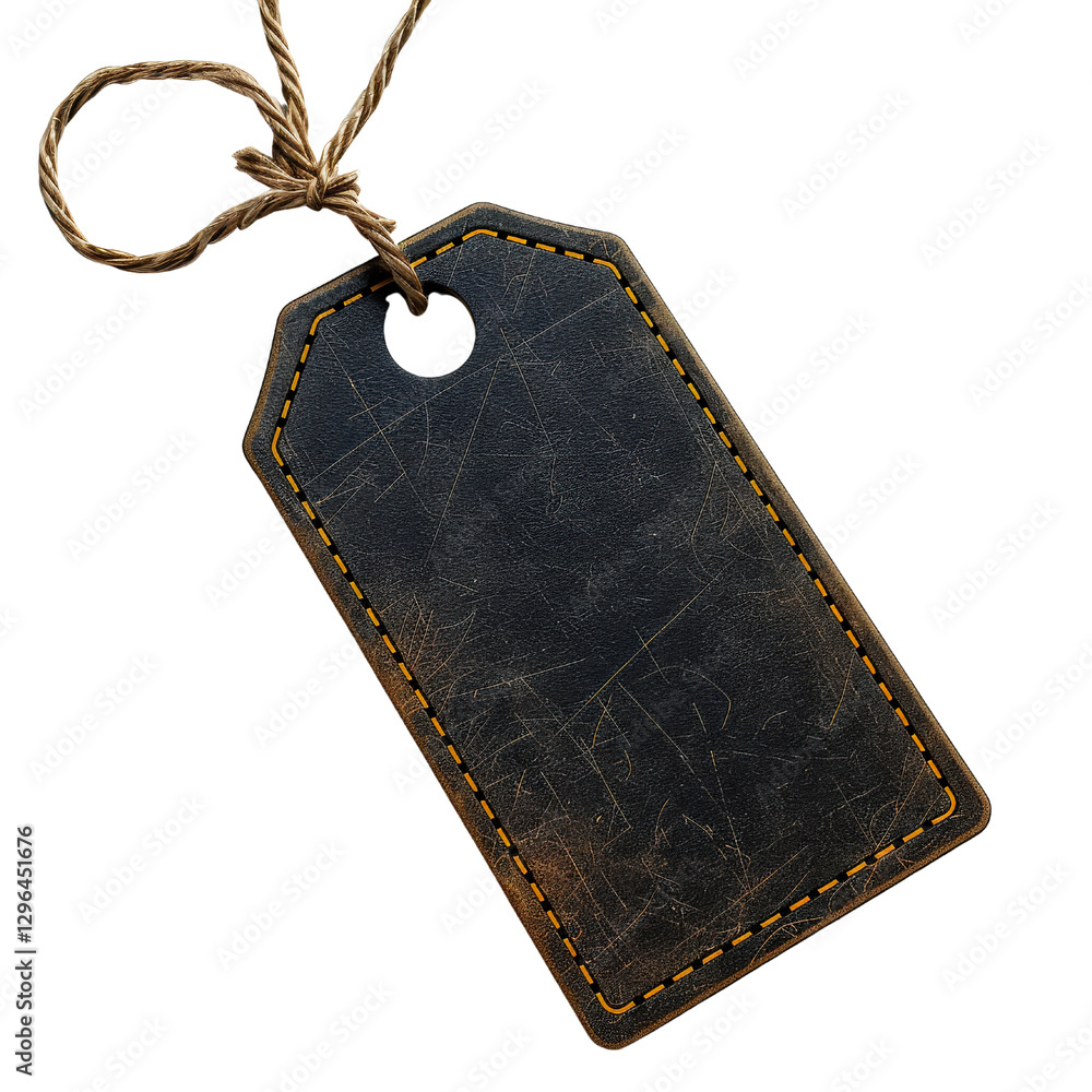 Poster vintage leather tag with twine loop isolated on white background for branding and price labeling use