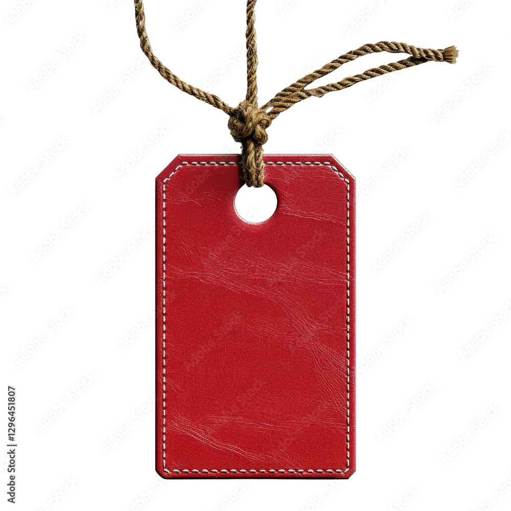 Poster bright red leather tag with twine loop for labeling and identification on a transparent background