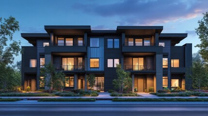 Fototapeta premium The exterior facade of a contemporary multifamily building featuring Hardie plank siding illustration