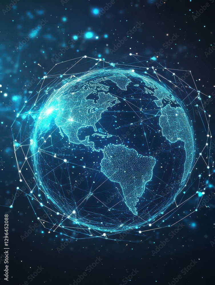 Poster blockchain technology futuristic hud background with world globe and blockchain polygon peer to peer