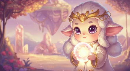 Naklejka premium Enchanting character holding a glowing orb in a magical landscape with floating islands and vibrant flora - light worker