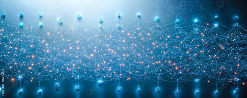 Poster abstract network system with glowing connections and nodes symbolizing technology and innovation in 