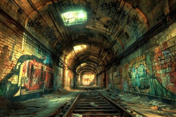 Fototapeta premium Abandoned Subway Tunnel with Graffiti Murals A long-forgotten subway station