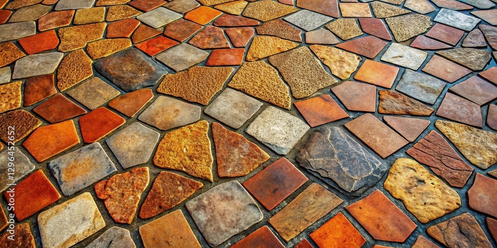 Wall mural irregularly shaped stone pavement in warm tones featuring a diverse array of earthly hues