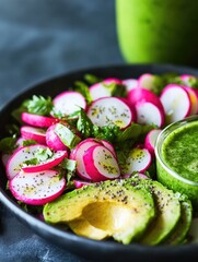 A fresh, vibrant salad with avocado and radishes, topped with guacamole and cucumber. A healthy and appetizing lunch or dinner option.