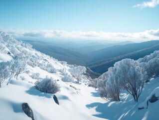 Fototapeta premium A picturesque winter scene with snow-covered mountains and forests.