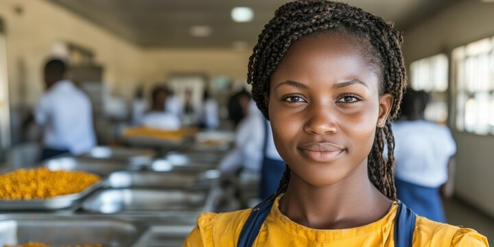 A young woman with braided hair and a warm smile stands in a bustling kitchen. She is part of a culinary training program, surrounded by peers cooking various dishes