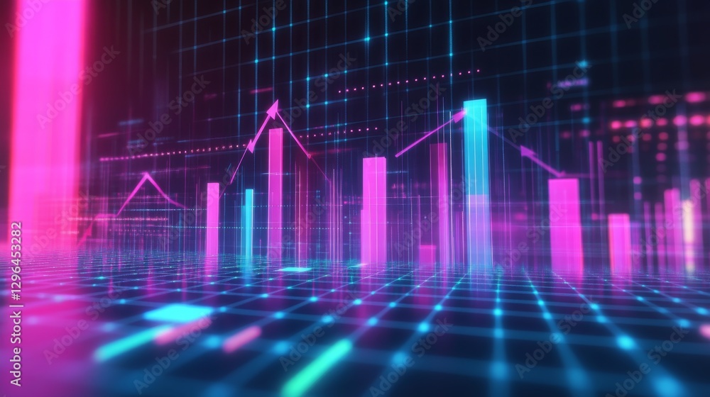 Aufkleber a futuristic d bar chart with tall, glowing columns and an upward trending arrow, hovering over a da