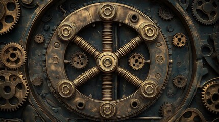 Detailed close-up of a rusted steampunk gear mechanism featuring intricate designs and textures