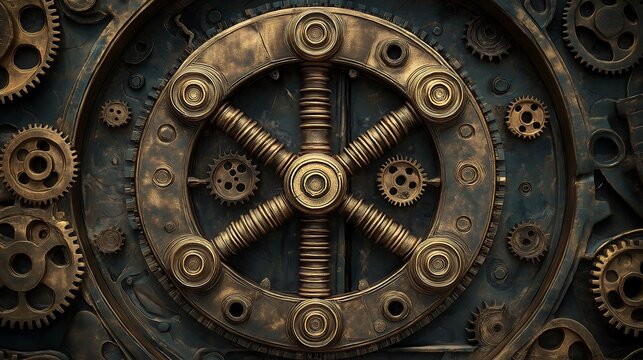 Detailed close-up of a rusted steampunk gear mechanism featuring intricate designs and textures