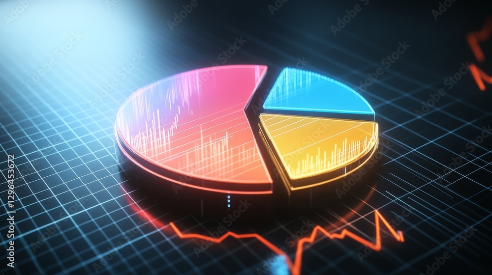 Poster a futuristic d pie chart with floating segments, each glowing with neon lights, set against a dark g