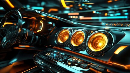 A futuristic D car audio system with glowing speaker cones, integrated seamlessly into the dashboard, set in a modern, luxury car interior