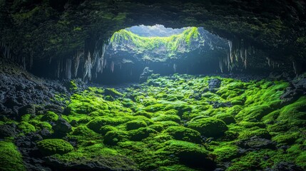 Enchanting cave interior with vibrant green moss and ethereal light filtering through rocky formation from the cave entrance