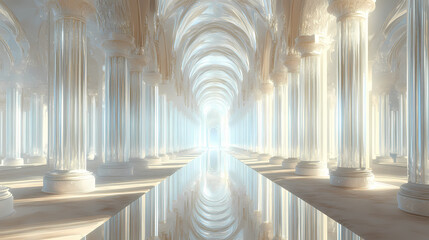 Labyrinthine mirror hall with twisting corridors and infinite reflections creating a dizzying effect, optical illusions, silvered glass. Infinity Mirror Corridor. Illustration