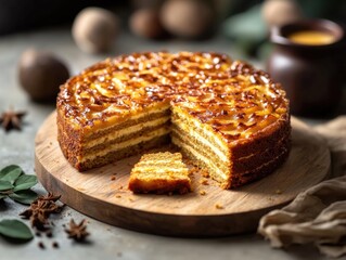 A delightful cinnamon and nutmeg cake served on a dessert plate.