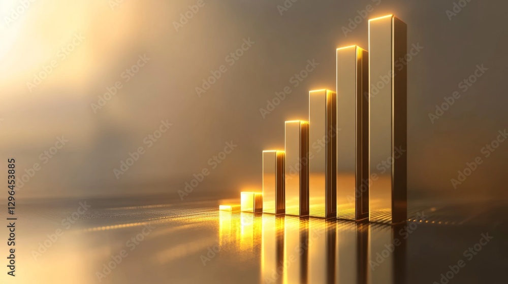 Aufkleber a futuristic financial bar chart with glowing bars in metallic tones, displayed on a reflective surf