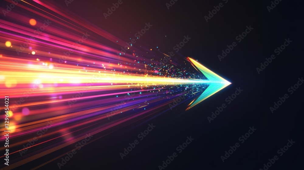 Poster bright upward pointing arrow shape formed by dynamic and luminous colorful beams of light against a 