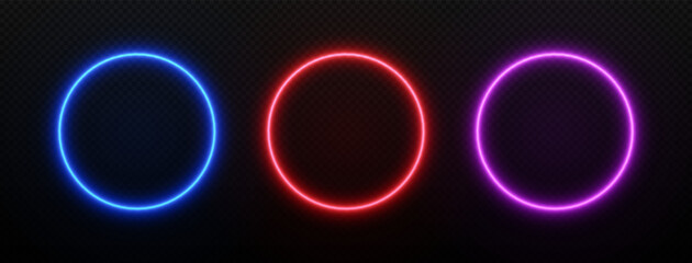 Neon round light. Frame circle with led glow. Set of laser rings for design isolated on transparent background. © 2olotarev