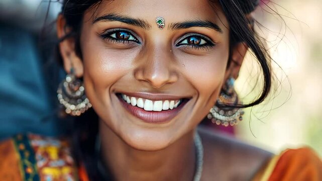 Smiling Indian woman in traditional clothing with a bindi on her forehead.