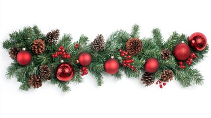 Christmas garland with red ornaments and pine cones, isolated on a white background