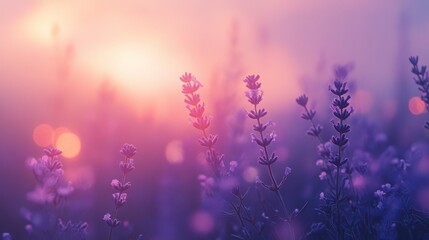 Obraz premium Field of lavender flowers captured during a beautiful sunset