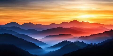 Obraz premium Soft rolling hills covered in morning mist, layers of distant mountains fading into the golden sunrise, peaceful and dreamlike scenery