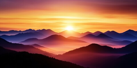 Fototapeta premium Soft rolling hills covered in morning mist, layers of distant mountains fading into the golden sunrise, peaceful and dreamlike scenery