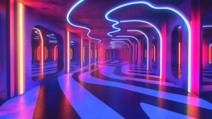 Psychedelic mirror maze with swirling floor and neon lights. Infinity Mirror Corridor. Illustration