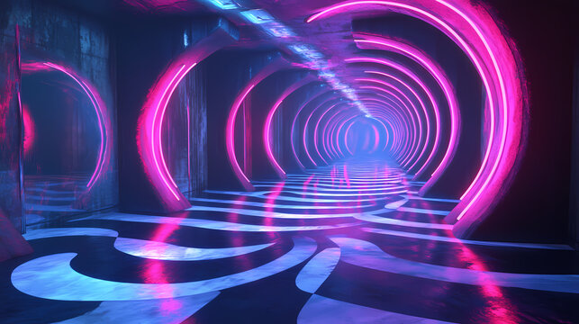 Psychedelic mirror maze with swirling floor and neon lights. Infinity Mirror Corridor. Illustration