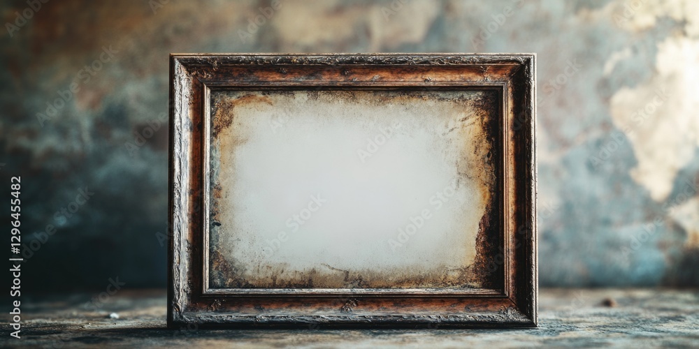 Poster a frame with a white background sits on a table. the frame is old and worn, with a faded white backg