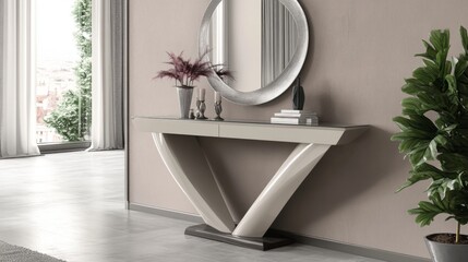 A minimalist hallway with clean lines and neutral tones, featuring a contemporary console table and a large mirror that reflects light, enhancing the space