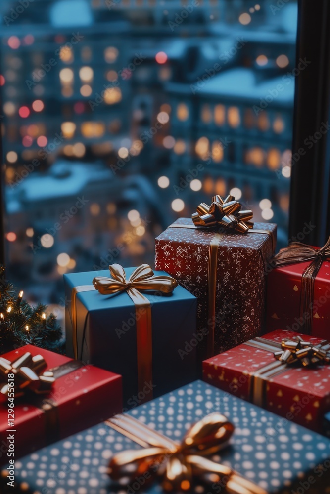 Poster a stack of presents with a blue box in the middle. the presents are wrapped in shiny paper and have 