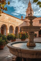 Obraz premium A fountain in a courtyard with a building in the background. The fountain is surrounded by potted plants and flowers