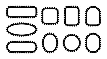 Frame scallop lace edge. Border round and rectangle with curly pattern. Set of black vector illustrations.